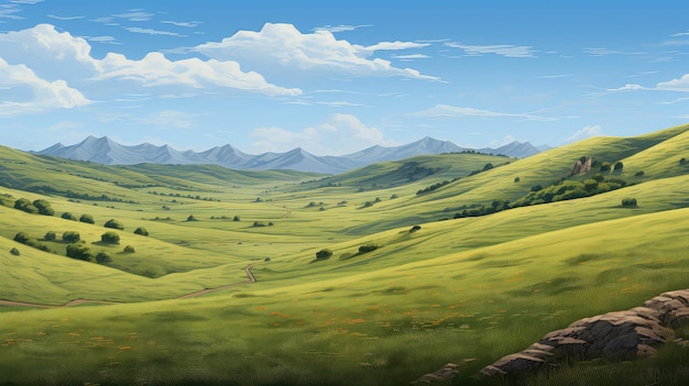 podróż podgórskie łąki trawiaste ilustracja łąka wiejska zbocza wzgórz preria równina podróż górska podgórze trawiaste łąki