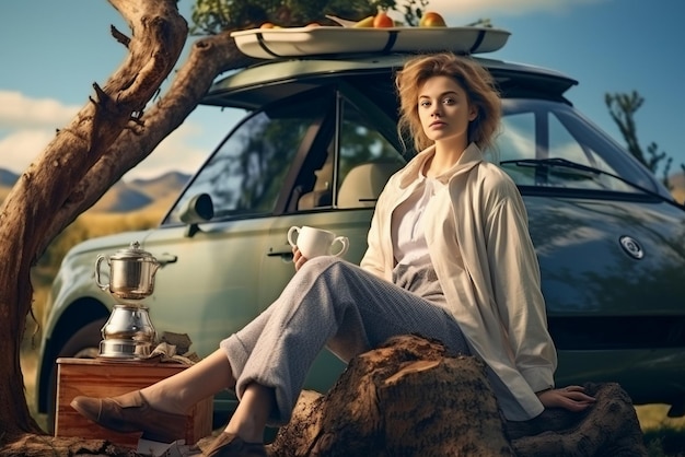 Zdjęcie podróż samochodem turystka siedzi na pniu drzewa z filiżanką herbaty i samochodem z namiotem z tyłu