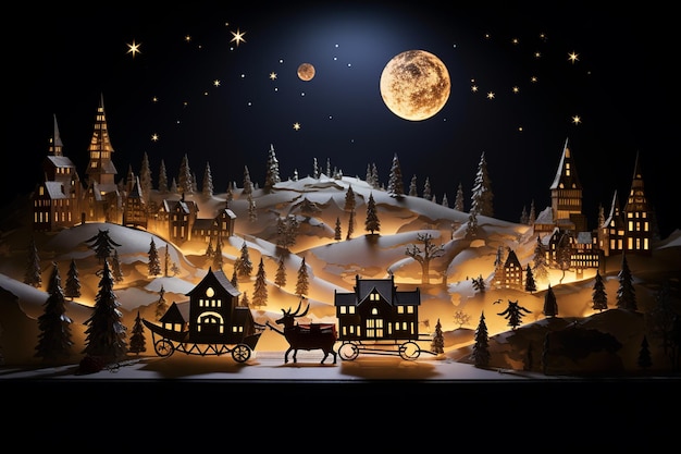 Podróż Świętego Mikołaja w świetle księżyca Śnieżna wioska Ciepłe drewniane domy i sanie z prezentami