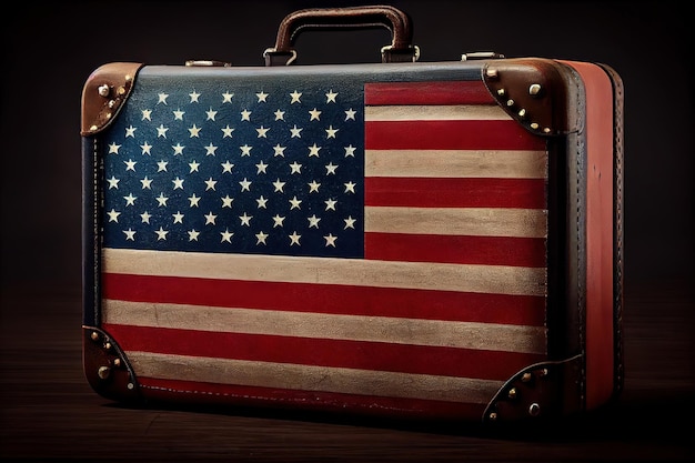 Podróż Vintage skórzana walizka z flagą w tle Generative Ai