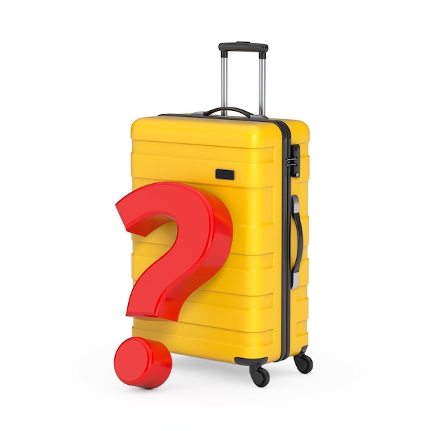 Podróż wakacje wakacje koncepcja nowoczesny luksusowy plastikowy żółty walizka z czerwonym znakiem zapytania renderowania 3d