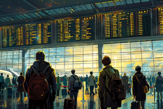 Podróżni przeglądający tablicę wyjazdów w poszukiwaniu opcji lotów na lotnisku łatwo i wygodnie przeglądają rozkłady lotów