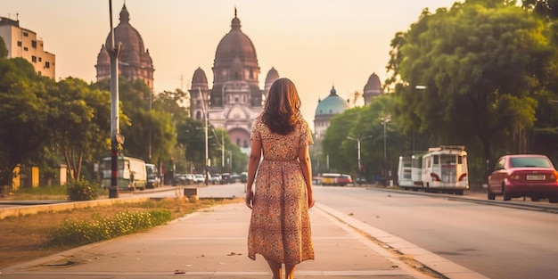 Podróżniczka samotnie wędruje po Azji w letniej, swobodnej sukience