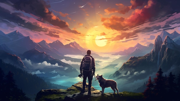 Podróżnik i pies stoją i patrzą na kolorowe