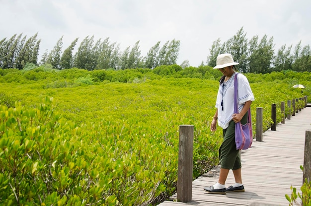 Podróżnik tajska kobieta chodząca po drewnianym moście w celu podróży i odwiedzenia Golden Mangrove Field tajska nazwa Tung Prong Thong Forest lokalne miasto Pak Nam Prasae w Rayong Tajlandia