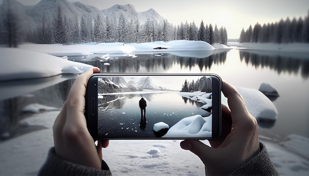 Podróżnik trzymający smartfon i robiący zdjęcia zimowego krajobrazu