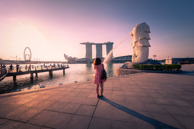 Podróżnik w Merlion Park i Singapur linia horyzontu przy wschodem słońca