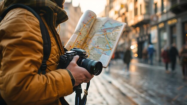 Zdjęcie podróżny patrzy na mapę podczas spaceru po ruchliwej ulicy w obcym mieście. ma na sobie żółtą kurtkę i plecak.