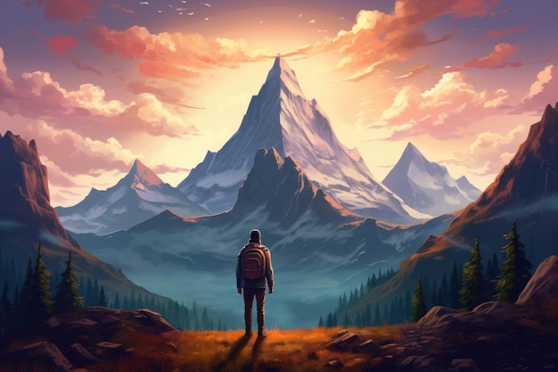 Podróżny z plecakiem stojący na szczycie góry renderowanie 3D Młody człowiek patrzący na dużą piękną górę, na którą zamierza wspiąć się
