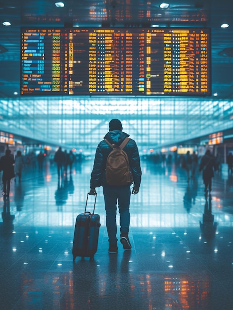 Podróżując samolotem, mężczyzna z plecakiem i bagażem porusza się po korytarzu lotniska, patrząc na szczegóły wyjazdu
