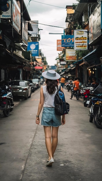 Podróżująca kobieta z plecakiem azjatycka podróżuje po Khao San Road w Bangkoku w Tajlandii