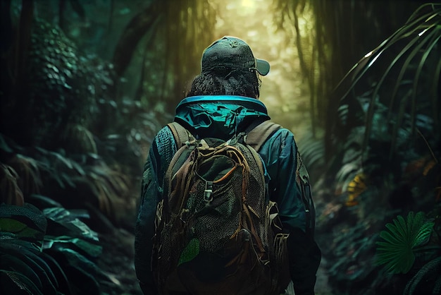 Podróżujący z plecakiem mężczyzna podróżuje w lesie dżungli widok z tyłu Styl życia i sukces koncepcji wakacji w dziką przyrodę