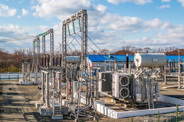 Podstacja elektroenergetyczna wysokiego napięcia na otwartej przestrzeni. Obiekt przemysłowy.