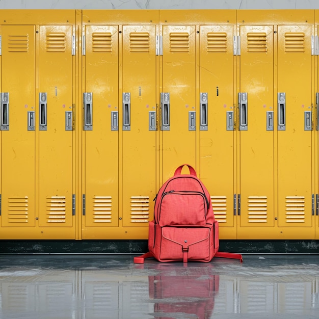 Zdjęcie podstawy edukacyjne czerwony plecak kontrastuje z żółtymi szafkami szkolnymi dla mediów społecznościowych