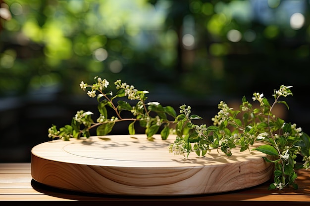 Podstęp drewniany w kręgu w słonecznym, zielonym lesie dla prezentacji produktu