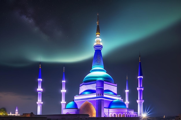 Podświetlany minaret symbolizuje duchowość w słynnym Błękitnym Meczecie wygenerowanym przez sztuczną inteligencję