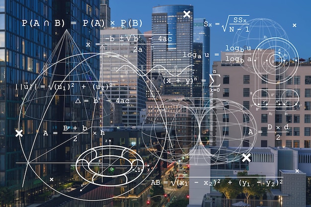 Podświetlona panorama centrum miasta Los Angeles nocą Kalifornia USA Wieżowce centrum miasta LA Koncepcja technologiczna i edukacyjna Najwyższe uniwersytety w zakresie badań naukowych