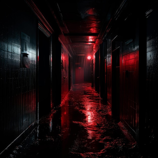 Podświetlone zdjęcie ciemnego korytarza w deszczowy dzień