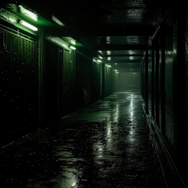 Podświetlone zdjęcie ciemnego korytarza w deszczowy dzień