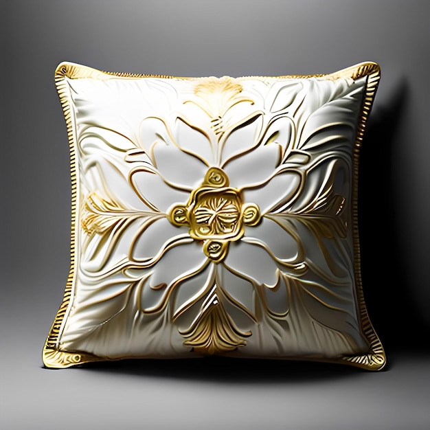 Poduszka dekoracyjna ze złotymi i białymi akcentami oraz motywem kwiatowym.
