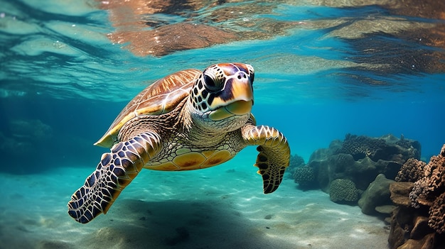 Podwodna elegancja Piękny zielony żółw na dnie morza