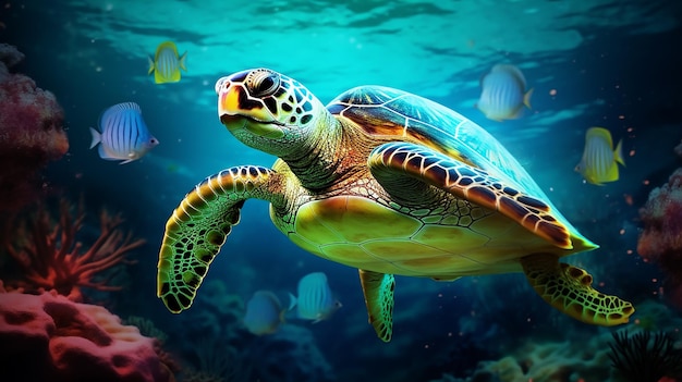 Podwodna elegancja Piękny zielony żółw na dnie morza