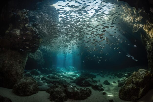 Podwodna jaskinia ze ławicami ryb wchodzących i wychodzących z wejścia, stworzona za pomocą generatywnej sztucznej inteligencji