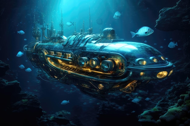 Podwodna łódź podwodna w głębokim niebieskim morzu 3D rendering Fantasy a fantasy submarine AI Generated