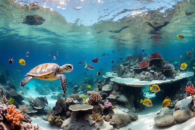 Podwodna panorama z koralowymi rafami żółwi i rybami