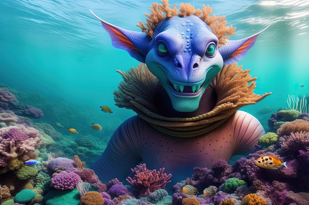Podwodna planeta obca ryba człowiek zwierzę hybrydowy ilustracja generatywny ai