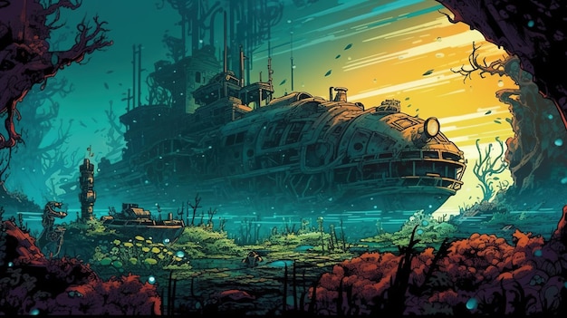 Podwodna scena scifi z łodzią podwodną eksplorującą zatopione miasto Koncepcja fantasy Malarstwo ilustracyjne Generatywna sztuczna inteligencja