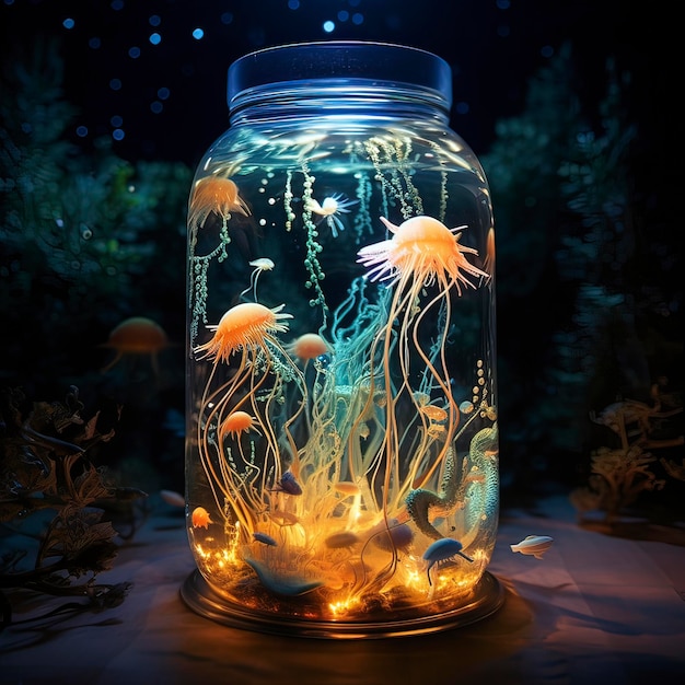 Podwodna scena z bioluminescencyjną florą i egzotycznym stylem życia morskiego
