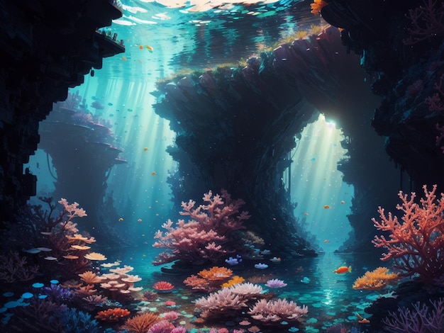 Podwodna scena z błękitnym morzem i rafą koralową.