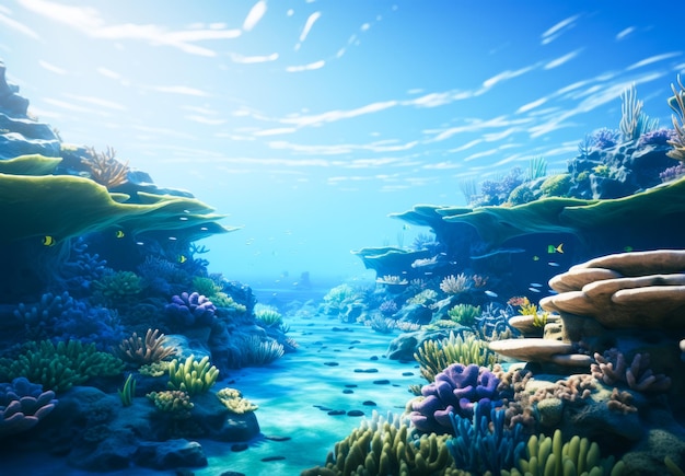 Podwodna scena z koralowcami i tropikalnymi rybami