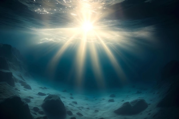 Podwodna scena z promieniem słońca w oceanie