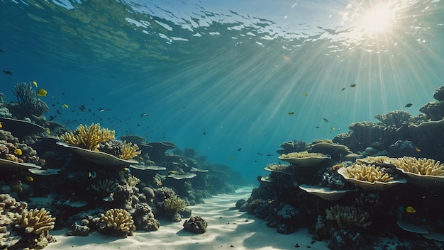 Podwodna scena z rafy i słońcem