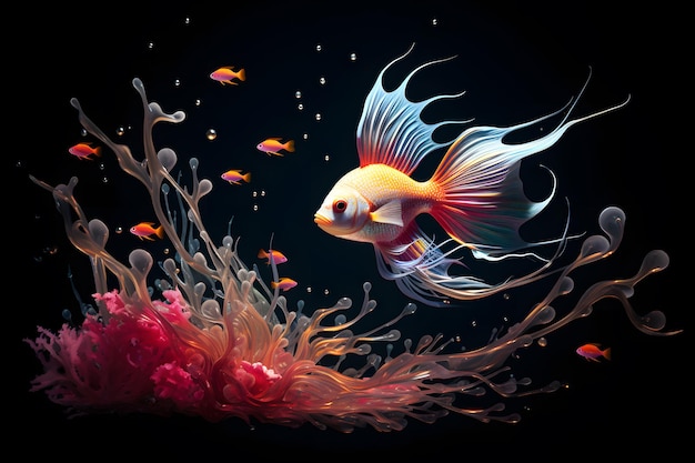 Podwodna scena z rybami i syrenami.