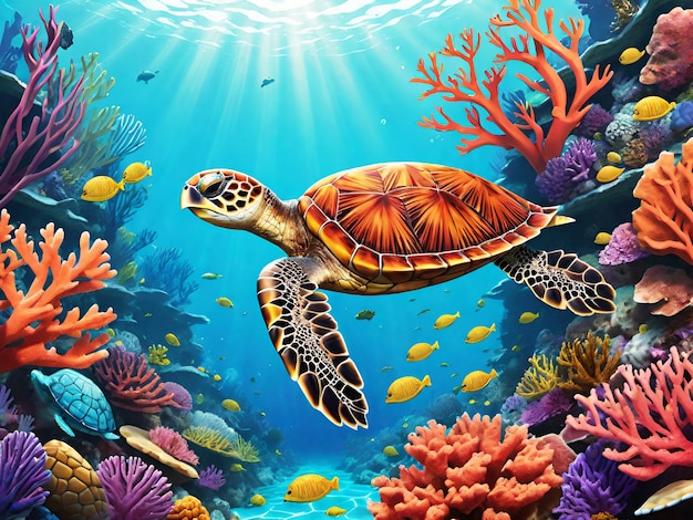 Podwodna scena żółwi morskich z koralowcami