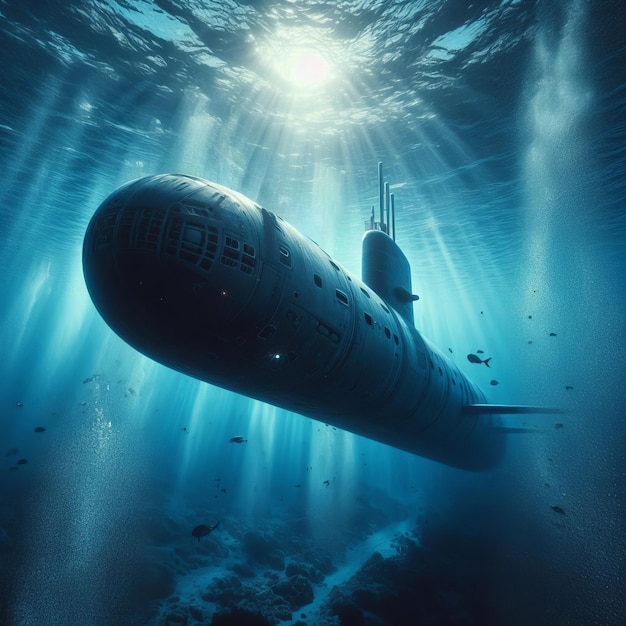 Zdjęcie podwodna wojskowa łódź podwodna oświetlona promieniami słońca przenikającymi głębokie, spokojne, niebieskie morze