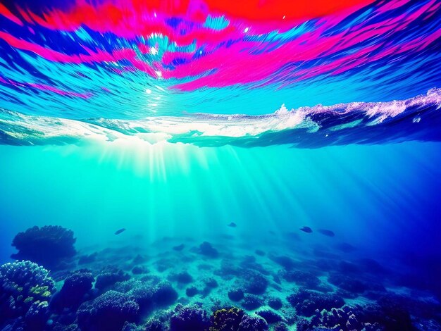 Zdjęcie podwodne morze kolorowe tło z świecącym słońcem generatywne ai pro photo
