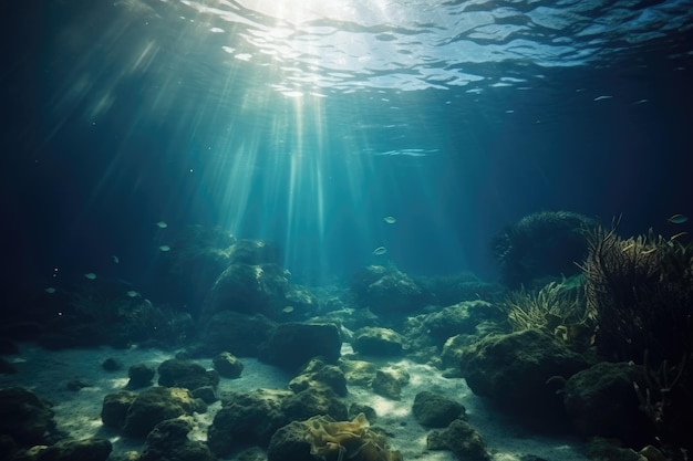 Podwodne morze w niebieskim świetle słonecznym Generative AI