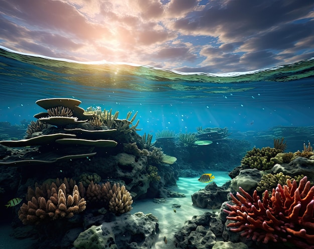 Podwodne rafy oceaniczne pod jasnoniebieskim niebem
