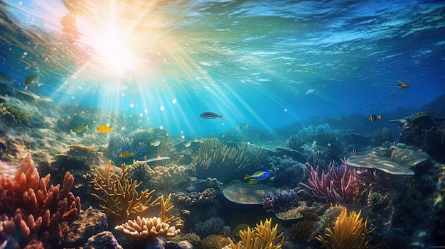 Podwodne Sceny Z Rafy Koralowej Podwodne Niebieski Tropikalne Dno Morskie Z Rafy I Promień Słońca