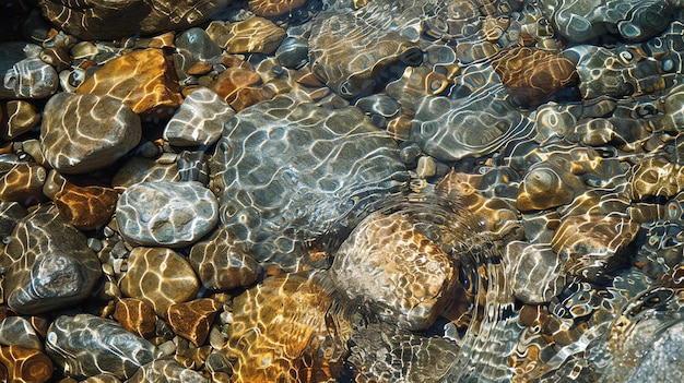 Zdjęcie podwodne skały rzeki z gładką powierzchnią polerowaną przez wodę gra światła i cieni na kamieniach piękno natury