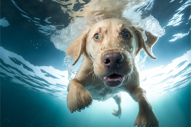 Podwodne zabawne zdjęcie szczeniaka golden labrador retriever w basenie bawi się zabawą