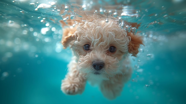Podwodne zabawne zdjęcie szczeniaka maltipoo w basenie bawiącego się z zabawą skacząc głęboko