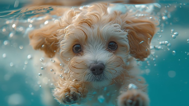 Podwodne zabawne zdjęcie szczeniaka pudla maltipoo w basenie bawiącego się z zabawą skacząc głęboko nurkując