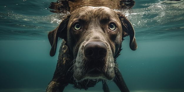 Podwodne zbliżenie ujawnia pływające psy z pyskiem w wodzie