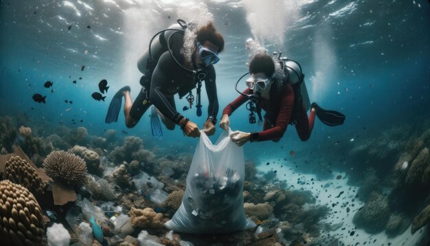 Zdjęcie podwodne zdjęcie dwóch nurków, którzy pilnie sprzątają dno oceanu