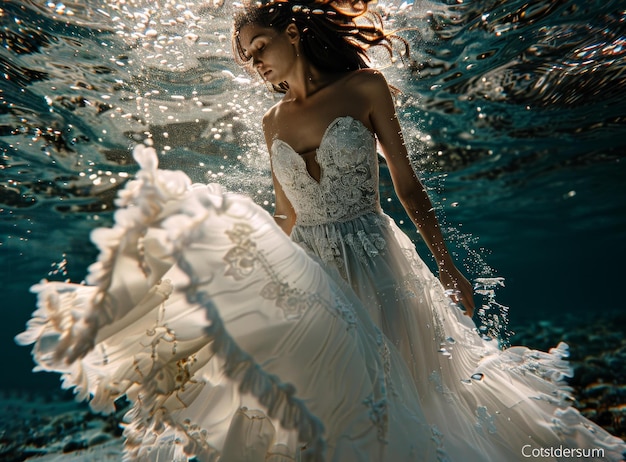 Zdjęcie podwodne zdjęcie kobiety w białej sukni ślubnej